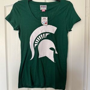 PINK Victoria's Secret Green Women's Spartan Graphic Tee- Michigan State